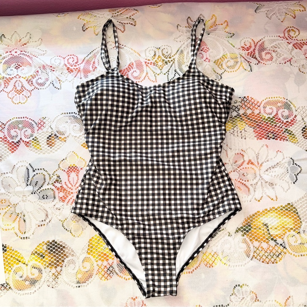 Black, brown & white gingham picnic design halter swim bathing suit size Large